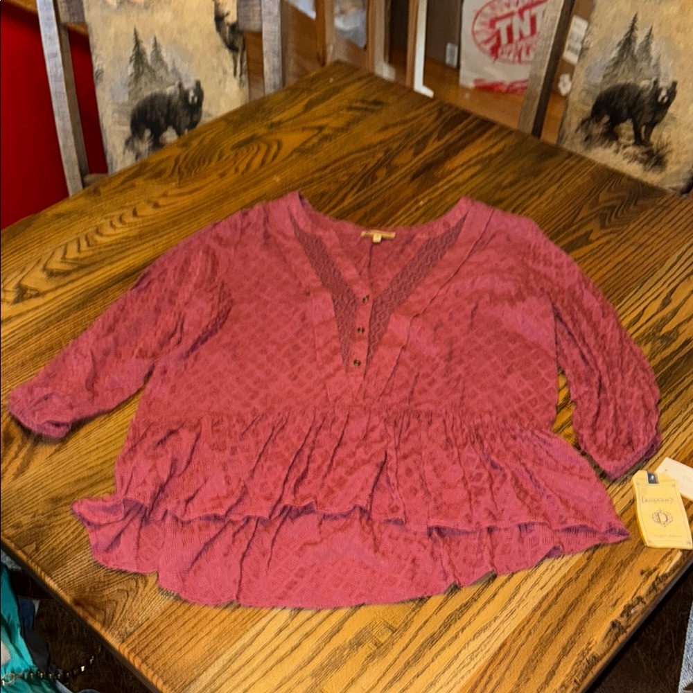 Democracy Red Smocked Ruffled Blouse with Mandarin Collar